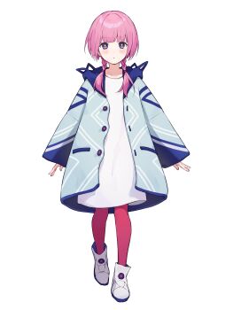 1girl absurdres blue_eyes blue_jacket blush braid commentary_request dress full_body highres jacket kaf_(kamitsubaki_studio) kamitsubaki_studio long_hair long_sleeves looking_at_viewer memori_(egachachachan) open_clothes open_jacket pantyhose pink_hair red_pantyhose shoes simple_background solo twin_braids virtual_youtuber white_background white_dress white_shoes wide_sleeves yellow_pupils