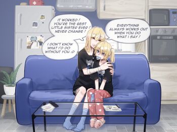 Rule 34 | 2girls, 9/11, absurdres, black shirt, blonde hair, blue eyes, cat baguette (popopoka), child's drawing, controller, couch, english text, erika (popopoka), highres, long hair, medium hair, microwave, mimi (popopoka), multiple girls, original, pants, paper, pink pants, popopoka, refrigerator, remote control, shirt, short sleeves, siblings, sisters, sitting, smile, speech bubble, table, twintails, two soyjaks pointing (meme)
