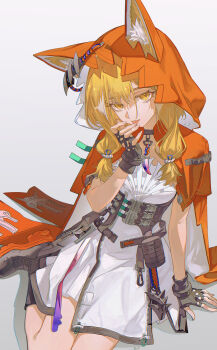 1girl absurdres animal_ears ankle_boots arknights arknights:_endfield arm_support black_gloves black_shoes black_trim blonde_hair boots cape chinese_commentary commentary dress ears_through_hood fingerless_gloves fox_ears gloves gradient_background grey_background highres hood hood_up hooded_cape licking_own_finger looking_at_viewer orange_cape rossi_(arknights) shoes sidelocks sitting tian_nima tongue tongue_out wariza white_background white_dress yellow_eyes