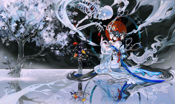 1girl absurdly_long_hair absurdres animal animal_on_arm black_background blue_ribbon branch chrysanthemum circle copyright_request falling_leaves floating floating_object flower giant hair_between_eyes hair_flower hair_ornament hand_up highres holding holding_scissors japanese_clothes kimono leaf lily_(flower) long_hair long_sleeves looking_at_viewer maple_leaf mask obi oversized_object purple_flower red_eyes red_flower red_sun reflective_floor ribbon sash scissors see-through_clothes see-through_sleeves seiza shan_gui_yu_yao shawl sidelocks sitting skeleton snake straight_hair tassel transparent unworn_mask vase very_long_hair white_flower white_snake yellow_flower