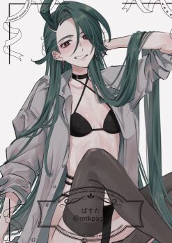 1girl blush bra choker collarbone criss-cross_halter earrings facing_viewer grin hair_down halterneck hand_in_own_hair jewelry knees_up looking_at_viewer mtkpasta multiple_piercings nintendo open_clothes open_shirt pokemon pokemon_sv red_eyes rika_(pokemon) sitting smile solo thighhighs underwear