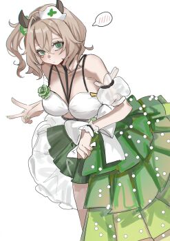 1girl absurdres bare_shoulders bra breasts brown_hair commentary cowboy_shot english_commentary green_eyes green_skirt hat highres indie_virtual_youtuber large_breasts nimi_nightmare nurse_cap simple_background skirt solo spoken_blush underwear venn_(vebonbon) virtual_youtuber white_background white_bra