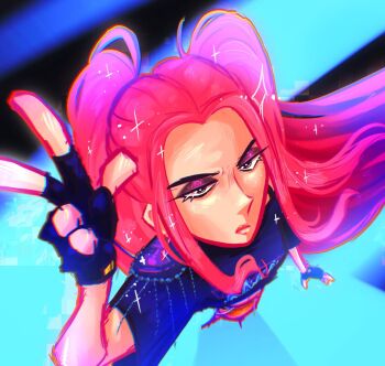 Rule 34 | 1girl, black gloves, boopbopbre, closed mouth, commentary, eyeshadow, fingerless gloves, floating hair, from above, gloves, highres, kpop demon hunters, long hair, makeup, mira (kpop demon hunters), pink hair, sidelocks, solo, sparkle, twintails
