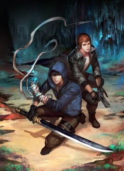 2boys aura black_hair black_jacket blue_hoodie brown_hair brown_pants commentary_request dao_mu_bi_ji full_body gun handgun highres holding holding_gun holding_sword holding_weapon hood hood_up hoodie jacket kdash male_focus multiple_boys pants shirt squatting sword thigh_strap weapon white_shirt wu_xie_(daomu_biji) zhang_qiling