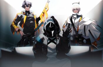 Rule 34 | 1other, 2boys, arknights, bishounen, black gloves, black hair, black jacket, black pants, demon boy, demon horns, doctor (arknights), executor (arknights), flamebringer (arknights), gloves, halo, hand on own hip, hood, hood up, hooded jacket, horns, jacket, katana, looking at viewer, male focus, mask, mtk (souko), multiple boys, pants, pointy ears, shirt, short hair, single horn, sitting, smile, sword, waving, weapon, white hair