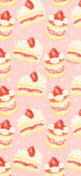absurdres cake cake_slice commentary_request food food_focus fruit highres icing no_humans omiyu99 original pink_background strawberry strawberry_shortcake
