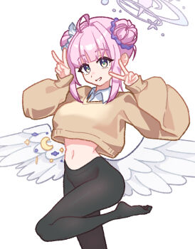 1girl absurdres angel_wings black_pantyhose blue_archive brown_cardigan cardigan collared_shirt commentary hair_bun halo highres leg_up low_wings mika_(blue_archive) navel no_panties pantyhose pink_hair pink_halo s9uirrel shirt short_hair smile standing standing_on_one_leg symbol-only_commentary v white_shirt wings yellow_eyes