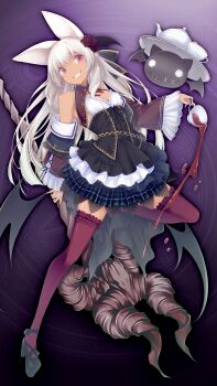 1girl animal_ears black_corset blue_skirt corset cup dark-skinned_female dark_skin drinking_glass frilled_sleeves frills full_body grin high_heels holding holding_cup holding_staff holding_weapon knife leg_up long_hair pink_eyes pink_ribbon rabbit_ears ribbon skirt smile solo spilling staff teacup weapon white_hair wide_sleeves