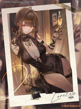 Rule 34 | ahoge, black dress, blunt bangs, bracelet, breasts, champagne flute, cleavage, cleavage cutout, clothing cutout, copyright logo, cup, dress, drinking glass, dsr-50 (girls' frontline), earrings, envelope, girls' frontline, girls' frontline 2: exilium, jewelry, logo, long hair, looking at viewer, loreley (girls' frontline 2), nail polish, official art, photo (object), red eyes, side slit, weapon in garters