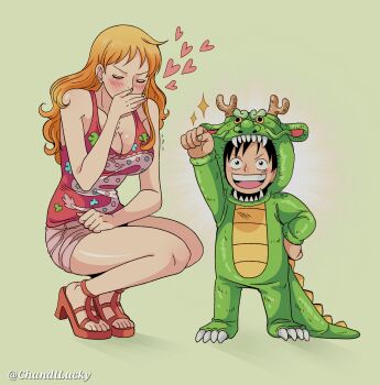1boy 1girl absurdres alternate_costume arm_up bare_arms bare_shoulders black_hair blush breasts chandllucky chinese_zodiac cleavage closed_eyes collarbone commentary covering_own_mouth dragon dragon_print dragon_suit earrings facial_scar facing_another formal_clothes full_body hand_on_own_hip heart high_heel_sandals high_heels highres jewelry knees large_breasts legs long_hair looking_up monkey_d._luffy nami_(one_piece) one_piece open_mouth orange_hair pearl_earrings pink_shorts print_shirt red_tank_top sandals scar scar_on_cheek scar_on_face shirt short_shorts shorts simple_background sparkle squatting standing suit tank_top thighs twitter_username wavy_hair year_of_the_dragon