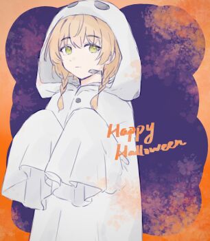 Rule 34 | 1girl, antares (alxy13d), assault lily, bandaid, bandaid on face, blonde hair, border, braid, closed mouth, commentary, dress, ghost costume, ghost pose, green eyes, halloween, halloween costume, hands up, happy halloween, highres, hirotsu yuuzutsu, hood, hood up, hooded dress, long hair, long sleeves, looking at viewer, low twin braids, low twintails, orange background, orange border, outside border, purple background, rounded corners, sleeves past fingers, sleeves past wrists, solo, standing, symbol-only commentary, twin braids, twintails, two-tone background, upper body, white dress, wide sleeves
