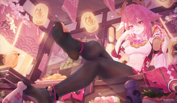1girl animal_ears bird black_pantyhose breasts closed_mouth crossed_legs dango detached_sleeves dress english_text feet fish_(food) food foot_focus fox_ears from_below genshin_impact hair_between_eyes hair_ornament highres holding holding_sandals icecake lantern legs long_hair long_sleeves medium_breasts nigirizushi no_shoes okobo pantyhose paper_lantern pink_hair platform_sandals purple_eyes sandals sanshoku_dango sitting smile soles solo sushi toes unworn_sandals wagashi white_dress yae_miko