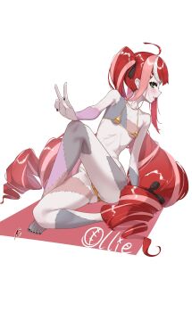 1girl absurdres ahoge arm_support bikini blush breasts colored_skin crossed_legs green_eyes grey_skin highres hololive hololive_indonesia kureiji_ollie long_hair micro_bikini multicolored_hair multicolored_skin patchwork_skin pink_streaks purple_skin red_hair simple_background small_breasts solo stitched_arm stitched_leg stitched_torso stitches streaked_hair swimsuit tasty_(dudwofla) twintails v very_long_hair virtual_youtuber white_background white_streaks zombie