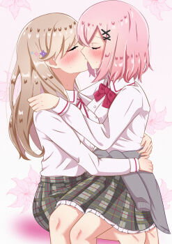 2girls absurdres amaori_renako ashigaya_high_school_uniform blush bow bowtie brown_hair closed_eyes clothes_around_waist collared_shirt commentary grey_skirt hand_on_another&#039;s_shoulder hand_on_another&#039;s_waist highres kiss long_hair medium_hair multiple_girls nagekiandnageki pink_hair plaid_clothes plaid_skirt pleated_skirt red_bow red_bowtie school_uniform sena_ajisai shirt skirt sweat sweater sweater_around_waist watashi_ga_koibito_ni_nareru_wake_naijan_murimuri! white_shirt yuri