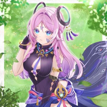 Rule 34 | 1girl, absurdres, black gloves, black leotard, blue eyes, blush, braid, breasts, citlali (genshin impact), closed mouth, cocoa 11vv, commentary request, cryo symbol (genshin impact), day, facial mark, floating headgear, forehead mark, genshin impact, gloves, grass, hand in own hair, headgear, highres, leotard, long hair, looking at viewer, medium breasts, outdoors, pink hair, pink pupils, purple hair, solo, triangle, triangle facial mark, twin braids, very long hair, vision (genshin impact)