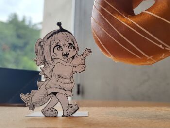 Rule 34 | 1girl, amano pikamee, amano pikamee (dinosaur hoodie), commission, corrupted twitter file, dinosaur hood, dinosaur tail, donut, drooling, food, graphite (medium), greyscale, hairband, highres, hood, hooded sweater, jqhnharqld, monochrome, open mouth, paper child, photo (medium), sharp teeth, slippers, smile, solo, sweater, tail, teeth, traditional media, unconventional media, virtual youtuber, voms