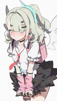 1girl :t aqua_nails arm_warmers bandaid bandaid_hair_ornament black_skirt blush breasts closed_mouth collar collarbone commentary_request cowboy_shot earrings frilled_sleeves frills fur-trimmed_skirt fur_trim green_eyes green_hair hair_ornament heart heart_hair_ornament highres jewelry looking_at_viewer multiple_hair_clips multiple_rings musical_note_earrings necktie pink_arm_warmers pink_bag ponytail red_necktie ring shirt simple_background skirt skirt_tug small_breasts solo ssong990 sunna_(zenless_zone_zero) thigh_strap twitter_username unfinished white_background white_shirt white_wings winged_bag wings zenless_zone_zero