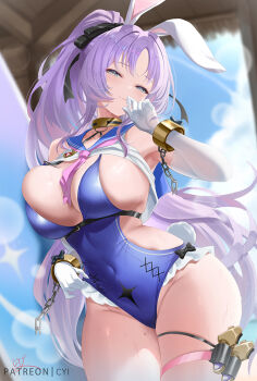 1girl animal_ears blue_one-piece_swimsuit blush breasts chain closed_mouth covered_navel cyicheng day elbow_gloves gloves large_breasts long_hair looking_at_viewer mole mole_on_thigh one-piece_swimsuit outdoors parted_bangs patreon_username ponytail purple_hair rabbit_ears shia_(stella_sora) sideboob smile solo stella_sora surfboard swimsuit thigh_strap thighs white_gloves