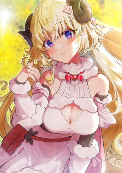 1girl absurdres animal_ears bare_shoulders belt_pouch blonde_hair bow bowtie breasts brooch cape cleavage_cutout closed_mouth clothing_cutout cruzango0510 curled_horns detached_sleeves dress fur-trimmed_sleeves fur_collar fur_trim hair_ornament hairclip highres hololive horns jewelry large_breasts long_hair looking_at_viewer playing_with_own_hair pouch purple_eyes red_bow red_bowtie sheep_ears sheep_girl sheep_horns sleeveless sleeveless_dress smile solo tsunomaki_watame tsunomaki_watame_(1st_costume) upper_body very_long_hair virtual_youtuber white_dress white_sleeves yellow_background