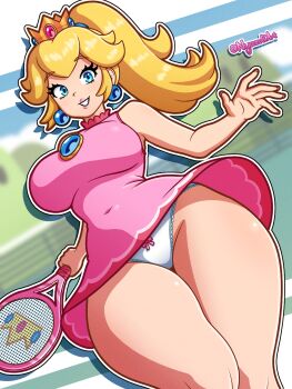 Rule 34 | 1girl, blonde hair, bow, bow panties, breasts, crown, dress, earrings, gem, highres, jewelry, large breasts, long hair, looking at viewer, mario (series), mario tennis, nintendo, nyazuliart, panties, pink dress, ponytail, princess peach, princess peach (sports dress), racket, short dress, sleeveless, sleeveless dress, smile, sphere earrings, tennis racket, thick thighs, thighs, underwear, upskirt, white panties