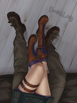 Rule 34 | 1boy, 1girl, boots, character name, dante (devil may cry), devil may cry, devil may cry (series), devil may cry 3, highres, jumpoon, lace-up boots, lady (devil may cry), out of frame, pants, scar, scar on leg, sitting, sitting on lap, sitting on person, thigh strap
