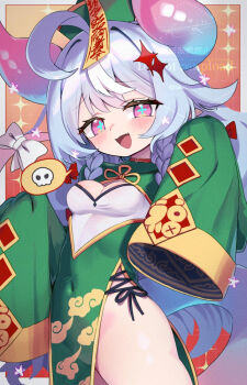 1girl ahoge areola_slip blue_horns blue_pupils bow braid braided_sidelocks breasts china_dress chinese_clothes cleavage commentary_request covered_navel cowboy_shot cross-shaped_pupils dress fang gradient_horns green_dress green_hat grey_hair hair_bow hat horns jiangshi long_hair long_sleeves looking_at_viewer multicolored_horns ofuda ofuda_on_head open_mouth original paid_reward_available pink_eyes pink_horns qingdai_guanmao red_bow saebashi side_slit skin_fang sleeves_past_fingers sleeves_past_wrists small_breasts smile solo speech_bubble spoken_skull symbol-shaped_pupils tail two-tone_horns very_long_hair watermark white_bow