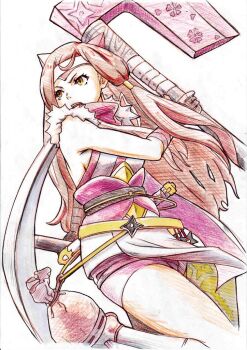 Rule 34 | 1girl, axe, battle axe, brown eyes, brown hair, donguri (reji22), fire emblem, fire emblem fates, fire emblem heroes, hana (fire emblem), hana (ninja) (fire emblem), headband, japanese clothes, long hair, mask on shoulder, ninja, nintendo, official alternate costume, thighs, traditional media, weapon