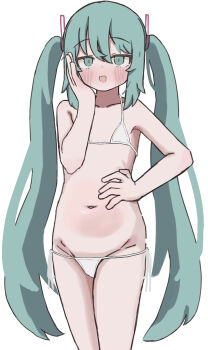 1girl 3d axys bikini blue_eyes blue_hair blush commentary flat_chest hair_between_eyes hand_on_own_cheek hand_on_own_face hand_up hatsune_miku highres long_hair looking_at_viewer navel open_mouth swimsuit twintails very_long_hair vocaloid white_background white_bikini