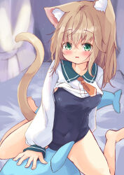Rule 34 | 1girl, animal ear fluff, animal ears, bare legs, barefoot, bed, blue one-piece swimsuit, blush, breasts, brown hair, cat ears, cat girl, cat tail, clothes lift, collared shirt, commentary request, covered navel, curtains, green eyes, hair between eyes, highres, indoors, long sleeves, manabe mana, old school swimsuit, on bed, one-piece swimsuit, original, parted lips, puffy long sleeves, puffy sleeves, school swimsuit, shirt, shirt lift, sleeves past wrists, small breasts, solo, straddling, swimsuit, swimsuit under clothes, tail, white shirt