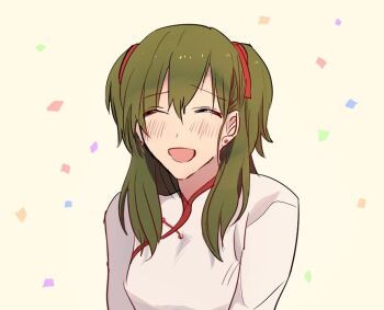 1girl blue_petals blush chinese_clothes closed_eyes commentary_request d.gray-man earrings facing_viewer green_hair green_petals hair_between_eyes hair_over_shoulder hair_ribbon jewelry lenalee_lee long_hair long_sleeves mandarin_collar open_mouth orange_petals petals purple_petals red_petals red_ribbon ribbon shirt shu_(lo_3153) sidelocks simple_background smile solo striped_clothes striped_shirt stud_earrings turtleneck turtleneck_shirt two_side_up upper_body vertical-striped_clothes vertical-striped_shirt white_shirt yellow_background