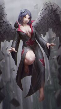 1girl absurdres barefoot black_coat blue_hair blurry blurry_background breasts breasts_apart coat collared_coat commentary english_commentary eyelashes face_piercing flower flying full_body grey_sky hair_flower hair_ornament highres knee_up konan_(naruto) looking_at_viewer medium_breasts mouth_piercing naruto_(classic) naruto_(series) numanoan orange_nails outdoors paper parted_lips piercing print_coat rain short_hair sky solo spread_fingers toenails toes wet wings yellow_eyes