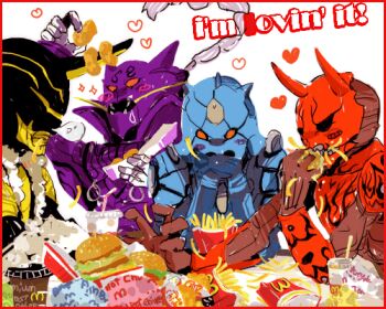 4boys armor bad_id bad_pixiv_id bear big_mac black_eyes blue_armor blush bottle box burger chicken_nuggets dragon drooling eating english_text fast_food food french_fries heart kamen_rider kamen_rider_den-o_(series) kintaros male_focus mcdonald's momotaros monster monster_boy multiple_boys oni orange_eyes ponytail purple_armor purple_hair red_armor red_eyes ryutaros scoff sketch sleeping slogan soda_bottle sparkle squeans turtle urataros yellow_armor yellow_eyes