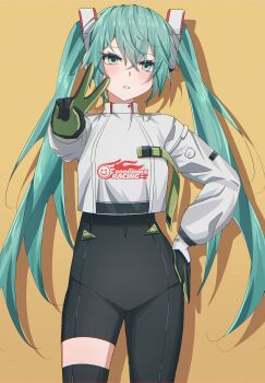 Rule 34 | 1girl, aqua eyes, aqua hair, asymmetrical bodysuit, black bodysuit, black gloves, black thighhighs, blush, bodysuit, commentary, covered navel, cropped jacket, flame print, gloves, goodsmile company, goodsmile racing, green gloves, hair between eyes, hand on own hip, hatsune miku, highres, jacket, long hair, long sleeves, looking at viewer, multicolored gloves, parted lips, racing miku, racing miku (2022), simple background, single leg bodysuit, single thighhigh, solo, thighhighs, twintails, two-tone gloves, untranslatable commentary, v, very long hair, vocaloid, weiss rubiaceae, white jacket