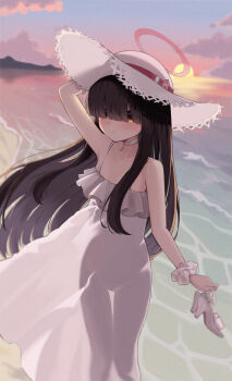 1girl absurdres alternate_costume arm_up bare_shoulders beach black_hair blue_archive blush check_commentary closed_mouth cloud commentary_request drawppyo dress eyes_visible_through_hair hair_over_eyes halo hat high_heels highres holding holding_shoes holding_unworn_clothes justice_task_force_member_(blue_archive) long_hair outdoors red_halo see-through_clothes see-through_dress see-through_silhouette shoes sky sleeveless sleeveless_dress smile solo spaghetti_strap sun_hat sundress sunset unworn_shoes very_long_hair water white_dress white_hat white_shoes yellow_eyes