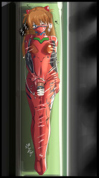absurdres bdsm blue_eyes blush bodysuit futanari futanari_masturbation highres legs_together long_hair looking_at_penis looking_down mask masturbation mecha_pilot_suit motion_lines mouth_mask neon_genesis_evangelion non-web_source one_eye_closed orange_hair penis plugsuit_(evangelion) raitaroo red_bodysuit solo sound_effects souryuu_asuka_langley tears