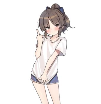 1girl aa211108 brown_eyes brown_hair idolmaster idolmaster_cinderella_girls looking_at_viewer middle_finger shirt shorts solo t-shirt tachibana_arisu twitter white_shirt
