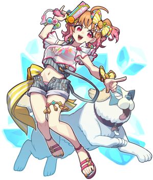 1girl ahoge blue_nails blush bow breasts crop_top dog earrings full_body gradient_hair hair_bow ice ice_cube jewelry large_breasts love_live! love_live!_sunshine!! multicolored_hair multicolored_nails navel open_mouth orange_hair orange_nails pink_eyes pink_hair pointing sandals shiitake_(love_live!) smile solo takami_chika teeth transparent_background two-tone_hair upper_teeth_only waste-man