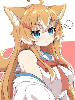 Rule 34 | 1girl, ahoge, animal ear fluff, animal ears, aqua eyes, blue sailor collar, bow, bowtie, breasts, cropped shirt, hair between eyes, hair ornament, hairclip, highres, jacket, jacket partially removed, large breasts, light blush, long hair, multicolored hair, open clothes, open jacket, orange hair, original, pout, puff of air, red background, red bow, red bowtie, sailor collar, shirt, sidelocks, sleeveless, sleeveless shirt, solo, thighhighs, toramaru2001710, two-tone hair, upper body, v-shaped eyebrows, very long hair, white background, white hair, white jacket, white shirt, x hair ornament
