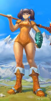 1girl blue_sky boots breasts brown_hair cleavage diane_(nanatsu_no_taizai) fingerless_gloves giant giantess gloves grass hammer large_breasts leg_tattoo leotard mountain nanatsu_no_taizai purple_eyes shmokou single_glove sky snake_tattoo sunlight tattoo third-party_edit twintails