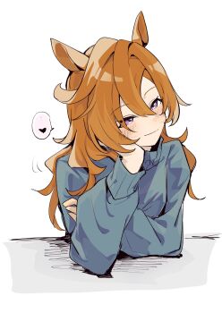 ... 1girl amano_(amano_miko) animal_ears blue_sweater blush closed_mouth commentary_request hair_between_eyes head_rest heart highres horse_ears horse_girl long_hair long_sleeves orange_hair purple_eyes solo speech_bubble spoken_ellipsis spoken_heart sweater t.m._opera_o_(umamusume) umamusume