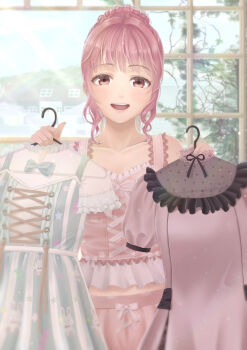 1girl absurdres bare_arms bare_shoulders bloomers blue_sky blunt_bangs bow bowtie brown_eyes clothes_hanger cloud collarbone commentary_request cowboy_shot cross-laced_clothes cross-laced_top dress eyelashes frilled_tank_top hair_bun hair_intakes happy highres holding holding_clothes_hanger holding_unworn_clothes holding_unworn_dress house indoors lace-trimmed_tank_top light_blush light_particles light_rays lips midriff momota_sakura mountain nikki_(nikki) nikki_(series) open_mouth pink_bloomers pink_bow pink_bowtie pink_hair pink_lips pink_tank_top shining_nikki short_hair sidelocks single_hair_bun sky smile standing sunlight tank_top teeth tree underwear unworn_dress updo upper_teeth_only waist_bow wavy_hair window