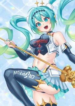 1girl aqua_eyes aqua_hair aqua_nails aqua_trim black_choker black_thighhighs blonde_hair blush breasts choker goodsmile_company goodsmile_racing gradient_hair green_hair hair_between_eyes hair_ornament hatsune_miku highres holding holding_polearm holding_weapon inue_ao long_hair long_sleeves looking_at_viewer medium_breasts multicolored_hair navel open_mouth polearm racing_miku racing_miku_(2018) shirt skirt sleeveless sleeveless_shirt smile solo stomach thighhighs twintails very_long_hair vocaloid weapon white_skirt