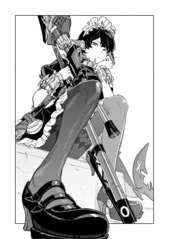 1girl birdhatter black_shoes closed_mouth colored_inner_hair ellen_joe fins fish_tail frilled_wristband from_below greyscale hairband hand_on_own_chin holding holding_weapon looking_at_viewer maid_headdress metal_hairband metal_wrist_cuffs mole mole_under_eye monochrome multicolored_hair pantyhose patterned_legwear razor_blade_hair_ornament scar scar_on_tail shark_girl shark_tail shoes sitting solo spiked_headband tail weapon white_background zenless_zone_zero