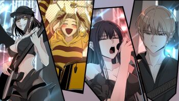 1boy 3girls arms_up baek-ji_(hero_killer) battery black_bra black_cap black_dress black_hair black_panties black_pants black_shirt blonde_hair blush bra brown_hair closed_eyes closed_mouth dress drumsticks engen_(hero_killer) guitar hands_up happy hero_killer highres ihwa_(hero_killer) instrument looking_at_viewer medium_hair microphone multiple_girls music open_mouth panties pants rachel_sinclair serious shirt singing smile sweater tongue underwear wings yellow_eyes yellow_sweater