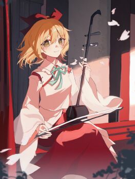 1girl absurdres blonde_hair bow bowtie cherry_blossoms chinese_commentary commentary_request detached_sleeves erhu falling_petals green_bow highres holding holding_instrument hutaodehetao instrument petals pink_petals red_bow red_skirt satsuki_rin shirt skirt solo sunlight touhou veranda white_shirt wooden_door yellow_eyes
