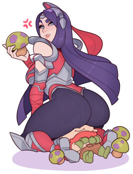 1girl anger_vein ass bare_shoulders blue_eyes bodysuit breasts circlet commentary female_focus from_behind highres huge_ass irelia large_breasts league_of_legends lips long_hair looking_at_viewer looking_back mushroom purple_hair raised_eyebrow seiza simple_background sitting sitting_on_face sitting_on_person solo splashbrush teemo thick_thighs thighs white_background