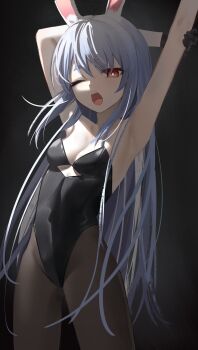 Rule 34 | 1girl, ;o, absurdres, animal ears, arm behind back, armpits, arms up, bare shoulders, black gloves, black leotard, black pantyhose, blue hair, breasts, gloves, hand on own arm, highleg, highleg leotard, highres, hikimayu, hololive, leotard, long hair, multicolored hair, one eye closed, orange eyes, pantyhose, playboy bunny, rabbit-shaped pupils, rabbit ears, rabbit girl, short eyebrows, sidelocks, small breasts, solo, strapless, strapless leotard, streaked hair, symbol-shaped pupils, teeth, thick eyebrows, thomas 8000, upper teeth only, usada pekora, usada pekora (1st costume), very long hair, virtual youtuber, white streaks