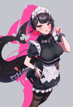 1girl absurdres apron arm_up black_hair breasts brown_pantyhose candy colored_inner_hair commentary_request cowboy_shot earclip ellen_joe fins fish_tail food frilled_wristband grey_background hairband hand_on_own_hip highres holding holding_candy holding_food holding_lollipop lollipop looking_to_the_side maid maid_headdress medium_breasts metal_hairband mole mole_under_eye multicolored_hair pantyhose razor_blade_hair_ornament red_eyes red_nails scar scar_on_tail setsu_(pixiv_76309149) shark_girl shark_tail short_hair silhouette solo spiked_headband tail tongue tongue_out waist_apron zenless_zone_zero