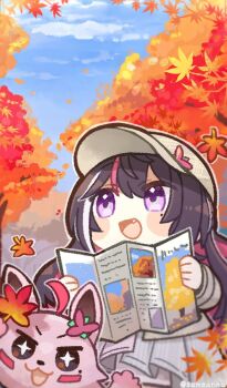 Rule 34 | 1girl, autumn leaves, azki (4th costume) (hololive), azki (hololive), black hair, blush stickers, chibi, colored inner hair, fang, highres, hololive, leaf, looking at viewer, mole, mole under eye, multicolored hair, official alternate costume, outdoors, pink hair, same anko, smile, solo, streaked hair, two-tone hair, virtual youtuber, white hair