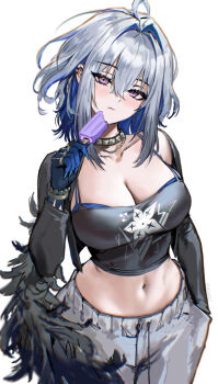 1girl absurdres ahoge alternate_costume atiarta7 black_wings blue_hair blue_nails blush bra bra_peek breasts chromatic_aberration cleavage collarbone colored_inner_hair commentary earrings eating english_commentary feathered_wings fingernails food galbrena_(wuthering_waves) gold_choker grey_hair hair_between_eyes hair_intakes hand_in_pocket highres holding holding_food holding_popsicle jewelry large_breasts long_fingernails looking_at_viewer medium_hair midriff mole mole_on_neck multicolored_hair navel pants popsicle purple_eyes simple_background single_wing solo sweatpants twitter_username underwear white_background wings wuthering_waves